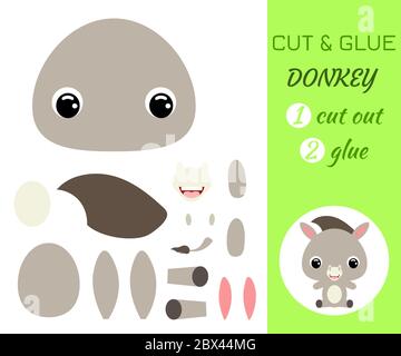 Schneiden und kleben Baby sitzenden Esel. Farbe Papier Anwendung Spiel. Pädagogisches Papier Spiel für Kinder im Vorschulalter. Haustiere. Zeichentrickfigur. Fla Stock Vektor