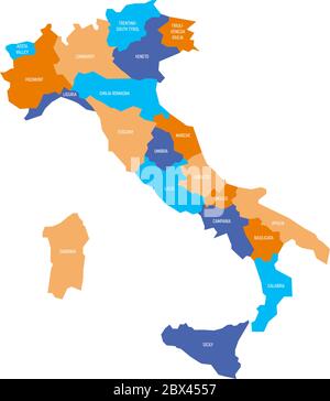 Karte von Italien in 20 Verwaltungsregionen in vier Farben unterteilt. Weiße Etiketten. Einfache flache Vektorgrafik. Stock Vektor