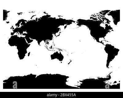 Australien und Pazifik zentrierte Weltkarte. Hohe Detail schwarze Silhouette auf weißem Hintergrund. Vektorgrafik. Stock Vektor