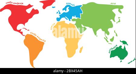 Mehrfarbige Weltkarte, aufgeteilt auf sechs Kontinente in verschiedenen Farben - Nordamerika, Südamerika, Afrika, Europa, Asien und Australien. Vereinfachte Silhouette Vektorkarte mit Beschriftung von Kontinentalnamen, die durch Grenzen gekrümmt sind. Stock Vektor