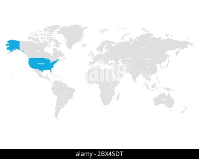 Vereinigte Staaten von Amerika, die durch blaue in der grauen politischen Weltkarte gekennzeichnet sind. Vektorgrafik. Stock Vektor