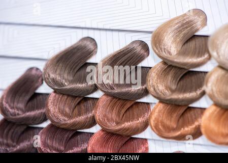 Farbtabelle für Haare. Palette von gefärbten hellen glänzenden Haarproben. Katalog zur Auswahl in einem Schönheitssalon Stockfoto