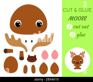 Baby sitzende Elche schneiden und kleben. Farbe Papier Anwendung Spiel. Pädagogisches Papier Spiel für Kinder im Vorschulalter. Waldtier. Zeichentrickfigur. Flach V Stock Vektor