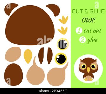 Schneiden und kleben Baby sitzende Eule. Farbe Papier Anwendung Spiel. Pädagogisches Papier Spiel für Kinder im Vorschulalter. Waldtier. Zeichentrickfigur. Flacher vec Stock Vektor