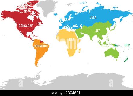 Karte von Fußball oder Fußball, Konföderationen - CONMEBOL, CONCACAF, CAF, UEFA AFC und OFC Stock Vektor