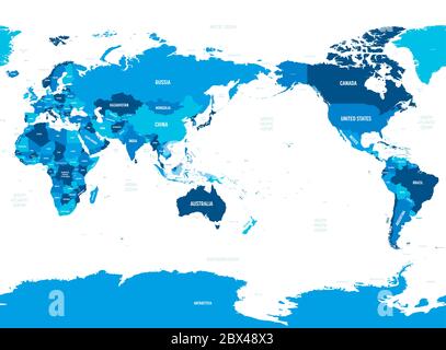 Weltkarte - Asien, Australien und Pazifischer Ozean zentriert. Grüner Farbton auf dunklem Hintergrund. Detaillierte politische Weltkarte mit Land-, Kapital-, Meer- und Meeresnamen. Stock Vektor