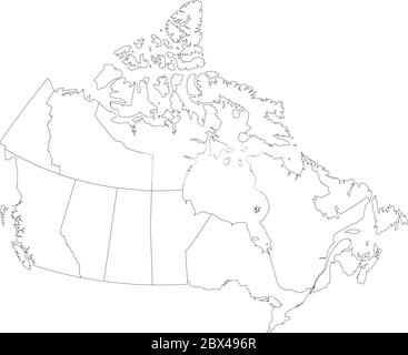 Karte von Kanada in 10 Provinzen und 3 Territorien aufgeteilt. Verwaltungsregionen Kanadas. Leere weiße Karte mit schwarzer Umrandung. Vektorgrafik. Stock Vektor