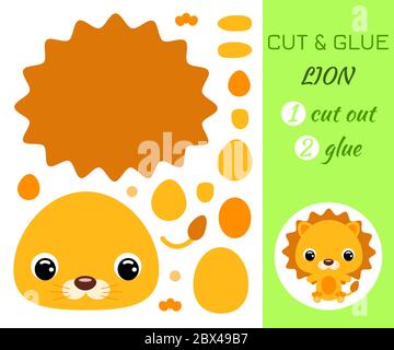 Cut and glue baby sitting lion. Color paper application game. Educational paper game for preschool children. African animal. Cartoon character. Flat v Stock Vektor