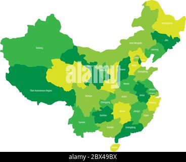 Regionale Karte der Verwaltungsprovinzen von China. Vier Grüntöne mit weißen Etiketten auf weißem Hintergrund. Vektorgrafik. Stock Vektor