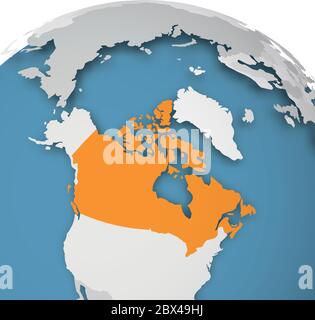 USA orange auf Erdkugel hervorgehoben. 3D-Weltkarte mit grauer politischer Karte von Ländern, die Schatten auf blaue Meere und Ozeane werfen. Vektorgrafik. Stock Vektor