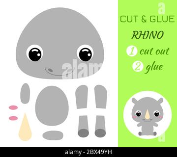 Baby sitzende Nashorn schneiden und kleben. Farbe Papier Anwendung Spiel. Pädagogisches Papier Spiel für Kinder im Vorschulalter. Afrikanisches Tier. Zeichentrickfigur. Flach Stock Vektor