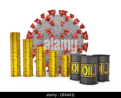 Stapel von Münzen und Fässern Öl neben der Coronovirus-Zelle. 3d-Rendern Stockfoto