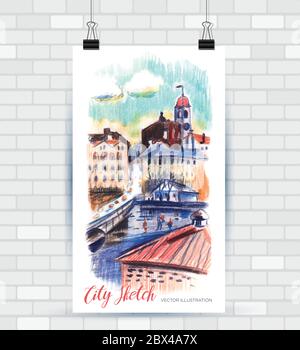 Skizzieren der Illustration im Vektorformat. Poster mit schönen Landschaft und städtischen Elementen. Handgezeichnete Abbildung. Stock Vektor