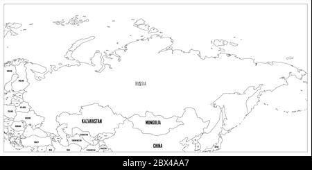 Politische Karte von Russland und den umliegenden Ländern. Schwarze dünne Kontur auf weißem Hintergrund. Vektorgrafik. Stock Vektor