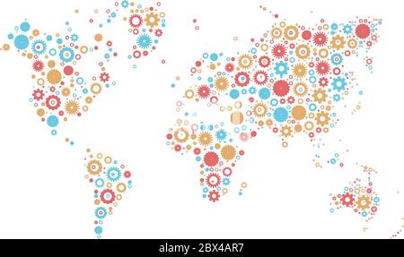 Weltkarte Mosaik von Zahnrädern in drei Farben auf weißem Hintergrund. Industriethema. Vektorgrafik. Stock Vektor