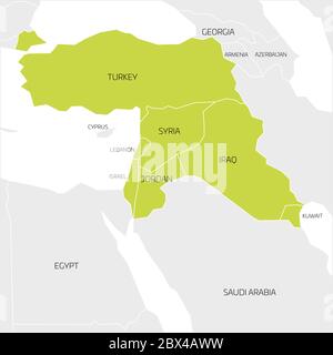 Karte des Nahen Ostens oder des Nahen Ostens transkontinentale Region mit grün hervorgehoben Türkei, Syrien, Irak, Jordanien, Libanon und Israel. Flache Karte mit dünnen weißen Statusgrenzen. Stock Vektor