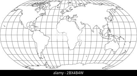Weltkarte in Robinson Projektion mit Meridianen und Parallelen Gitter. Weißes Land mit schwarzer Umrandung. Vektorgrafik. Stock Vektor