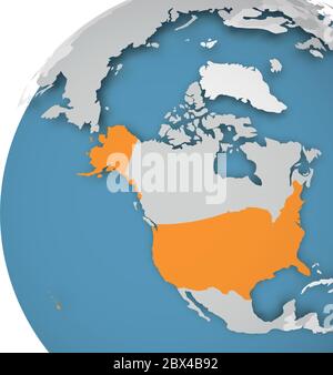 USA orange auf Erdkugel hervorgehoben. 3D-Weltkarte mit grauer politischer Karte von Ländern, die Schatten auf blaue Meere und Ozeane werfen. Vektorgrafik. Stock Vektor