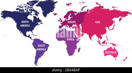 Weltkarte in sechs Kontinente unterteilt. Jeder Kontinent in verschiedenen Farben. Einfache flache Vektorgrafik. Stock Vektor