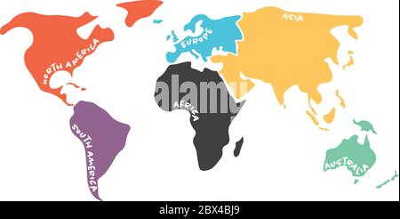 Mehrfarbige Weltkarte aufgeteilt auf sechs Kontinente in verschiedenen Farben - Nordamerika, Südamerika, Afrika, Europa, Asien und Australien Ozeanien. Vereinfachte Silhouette Vektorkarte mit Beschriftung von Kontinentalnamen, die durch Grenzen gekrümmt sind. Stock Vektor