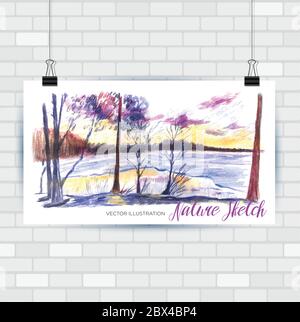 Skizzieren der Illustration im Vektorformat. Poster mit schöner Landschaft mit Bäumen. Handgezeichnete Abbildung. Stock Vektor