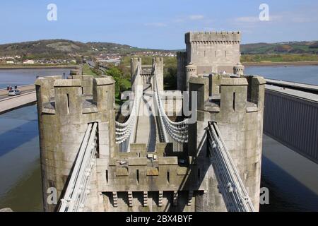 Conwy Suspension Bridge in Nord-Wales. Vereinigtes Königreich Stockfoto