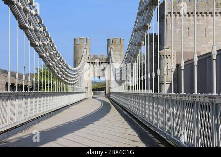 Conwy Suspension Bridge in Nord-Wales. Vereinigtes Königreich Stockfoto