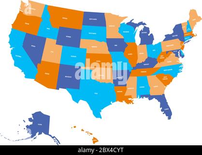 Politische Karte der USA, Vereinigte Staaten von Amerika. Bunt mit weißen Statusbezeichnungen auf weißem Hintergrund. Vektorgrafik. Stock Vektor