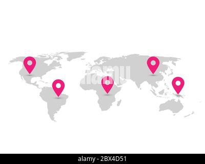 Weltkarte mit Navigationszeiger. Graue Karte Infografiken mit rosa Pins. Vektorgrafik. Stock Vektor