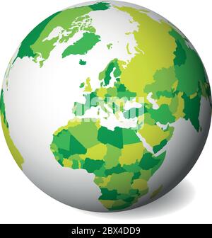 Leere politische Karte von Europa. 3D Erdkugel mit grüner Karte. Vektorgrafik. Stock Vektor