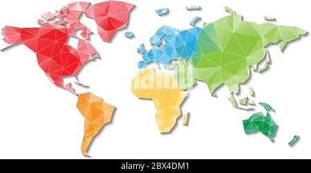 Low Poly Karte der Welt in sechs Kontinente nach Farbe unterteilt. Polygonales Vektordesign mit Schlagschatten. Stock Vektor