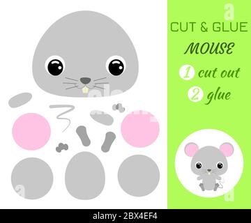 Schneiden und kleben Baby sitzende Maus. Farbe Papier Anwendung Spiel. Pädagogisches Papier Spiel für Kinder im Vorschulalter. Zeichentrickfigur. Flacher Vektorstock Abb. Stock Vektor