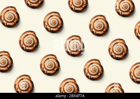 Kreatives Muster von Muscheln auf weißem Hintergrund. Natürliches Hintergrundkonzept Stockfoto