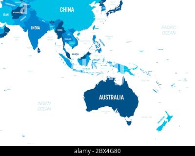 Australien und Südostasien Karte - grüner Farbton auf dunklem Hintergrund. Detaillierte politische Karte der australischen und südöstlichen Asien-Region mit Land-, Kapital-, Meer- und Meeresnamen. Stock Vektor