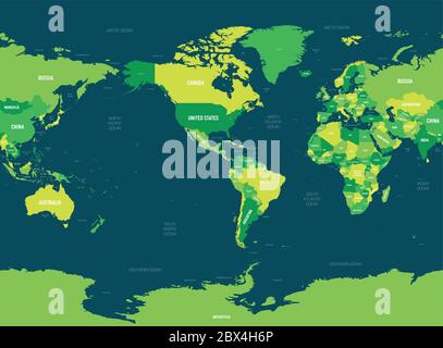 Weltkarte - Amerika zentriert. Grüner Farbton auf dunklem Hintergrund. Detaillierte politische Weltkarte mit Land-, Kapital-, Meer- und Meeresnamen. Stock Vektor