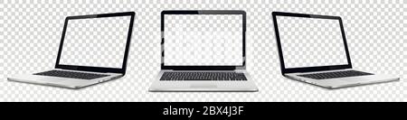 Der Vektor Laptops mit transparenten Bildschirm auf transparentem Hintergrund isoliert. Perspektive und Frontansicht mit leeren Bildschirm. Stock Vektor