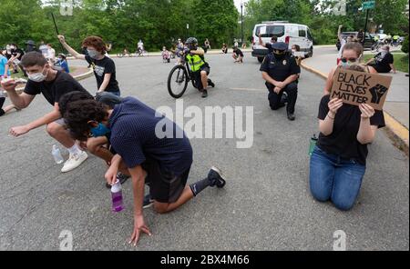 4. Juni 2020, West Newton, Massachusetts, USA: Polizisten knien mit Demonstranten während einer Kundgebung gegen den Tod von George Floyd in Minneapolis Polizeigewahrsam und Polizeibrutalität vor dem Newton City Hall in Newton. Stockfoto