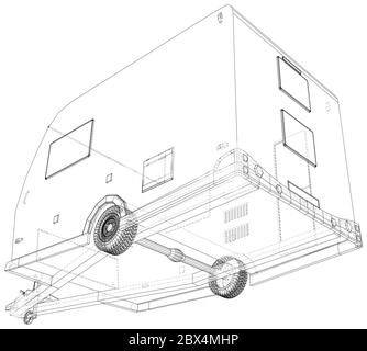 Ziehen Sie hinter dem Wohnmobil. Drahtrahmen. Vektorgrafik des Trailers. Die Schichten von sichtbaren und unsichtbaren Linien werden getrennt. EPS10-Format. Stock Vektor