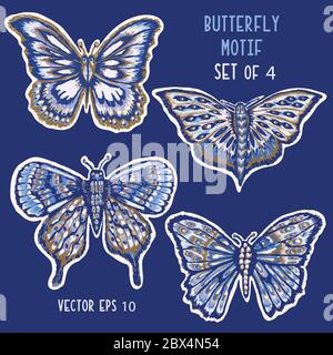 Detailreiches Handgemaltes Schmetterlingsmotiv. Realistische blaue Morpho Wings for Nature Clip Art Aufkleber, isoliertes Element. Midgnight Indigo Blue Exotic Stock Vektor