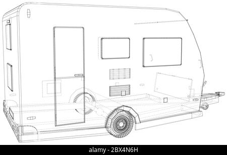 Wohnmobil-Anhänger Isoliert. 3D-Rendering. Drahtrahmen. Die Schichten von sichtbaren und unsichtbaren Linien werden getrennt. EPS10-Format. Stock Vektor