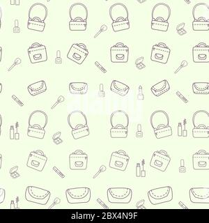 Nahtlose Muster von Schönheit und Kosmetik-Ikonen und weiblichen Taschen. Kosmetiktasche und Lippenstift mit Nagellack. Vektorkontur. Für Design und Stock Vektor