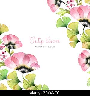 Aquarell floralen Hintergrund. Große Feldblumen, Tulpen, Gingko Blätter in Ecken. Quadratische Kartenvorlage mit Platz für benutzerdefinierten Text. Frischer Frühling Stockfoto