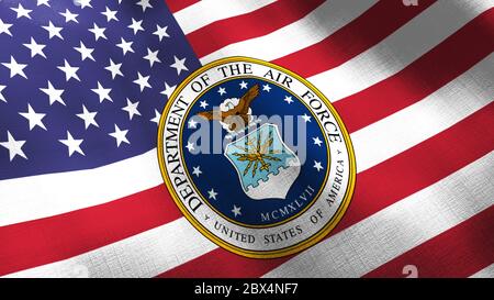 Department of the Air Force of United States of America auf einer US-Flagge winken. 3d-Illustration sehr detaillierte Gewebe Textur. Patriotischer 3d-Hintergrund Stockfoto