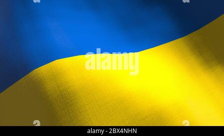 Ukraine winkt Flagge. Nahtlose CGI-Animation detailreiche Stofftextur in Kinozeitlupe. Patriotischer 3d Hintergrund des Ländersymbols oder der gove Stockfoto