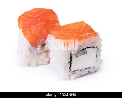 Zwei Sushi-Rollen isoliert auf weißem Hintergrund Stockfoto