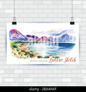 Skizzieren Abbildung im Vektorformat. Poster mit schönen Meereslandschaft. Hand gezeichnet Abbildung. Stock Vektor