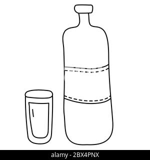 Flasche und Glas. Schwarze Linie Umrisszeichnung. Symbole und Symbole Stock Vektor