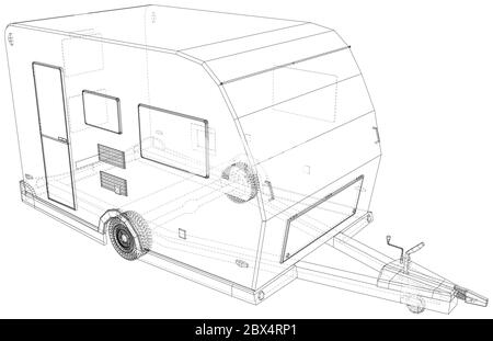 Wohnmobil-Anhänger Isoliert. 3D-Rendering. Drahtrahmen. Die Schichten von sichtbaren und unsichtbaren Linien werden getrennt. EPS10-Format. Stock Vektor