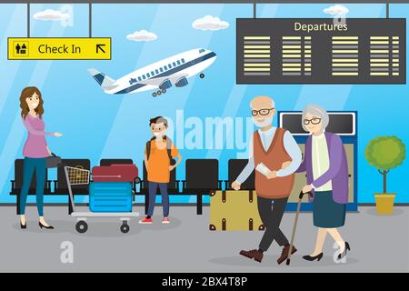 Verschiedene Cartoon-Menschen in Flughafen, Flughafen-Interieur, Flugzeug auf Hintergrund, flache Vektor-Illustration Stock Vektor