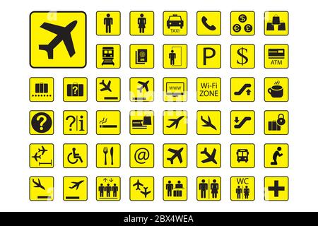 Riesige Menge von Flughafen-Symbole oder Zeichen, schwarze und gelbe Piktogramme isoliert auf weißem Hintergrund, Vektor-Illustration Stock Vektor